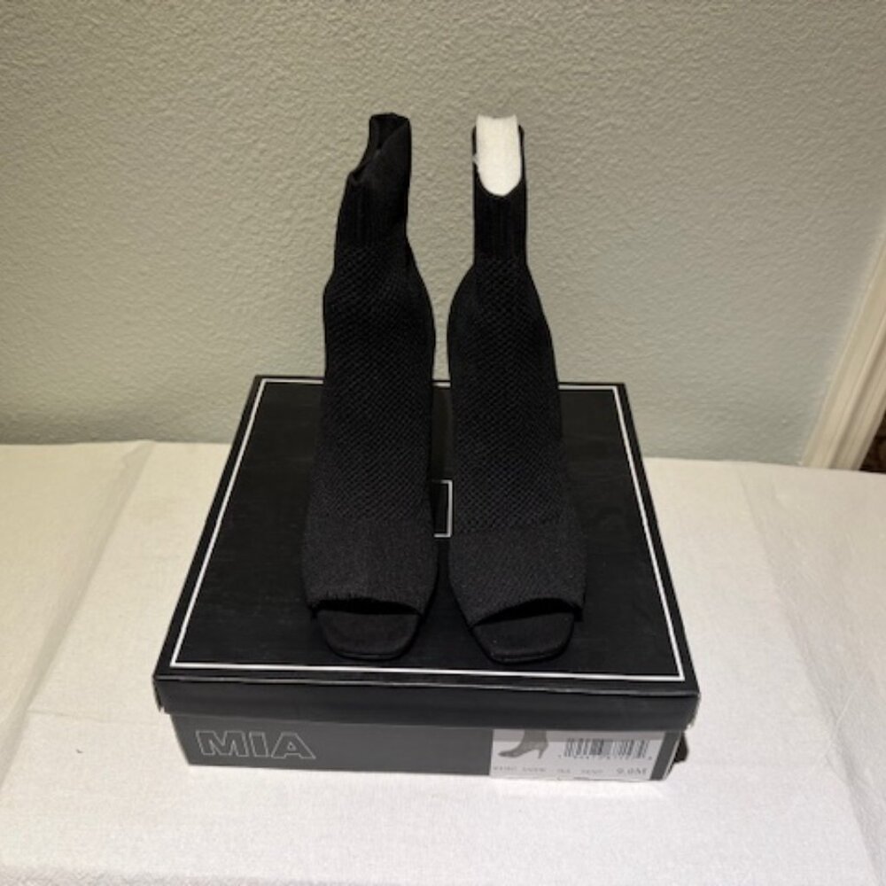 NEW MIA Sock Bootie Heels – Black Knit Peep Toe, Size 9, Original Box